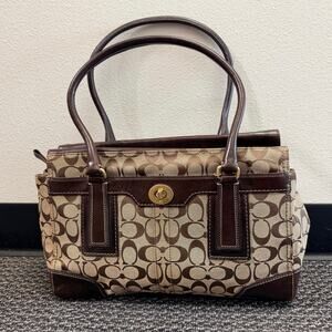 Coach Hampton Turnlock Shoulder Handbag w/Signature Brown Leather Canvas 15”x11”